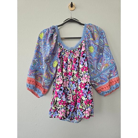 Umgee Boho Floral Paisley Peasant Top Size S Crochet Trim Hippie Festival Summer - Picture 3 of 6